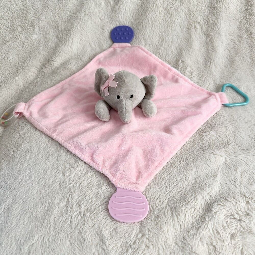 Modern Baby Elephant Pink Plush Security Blanket Lovey Teether Rattle 11”